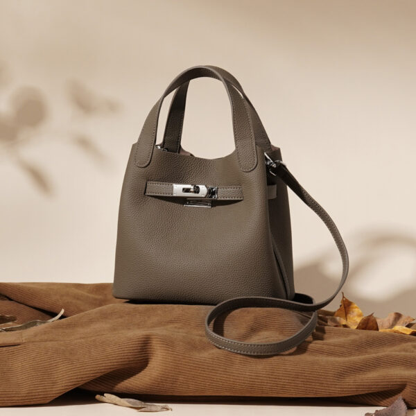 Genuine Leather Lychee-Pattern Basket Bucket Bag