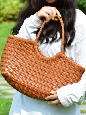 French-inspired Woven Leather Market Tote - Vintage Basket Bag