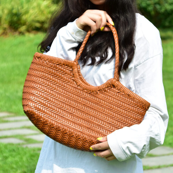 French-inspired Woven Leather Market Tote - Vintage Basket Bag