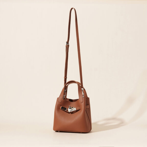Genuine Leather Lychee-Pattern Basket Bucket Bag