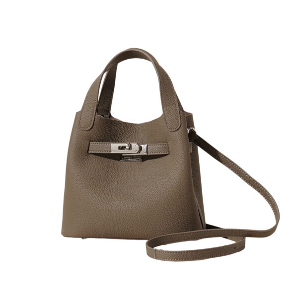 Genuine Leather Lychee-Pattern Basket Bucket Bag
