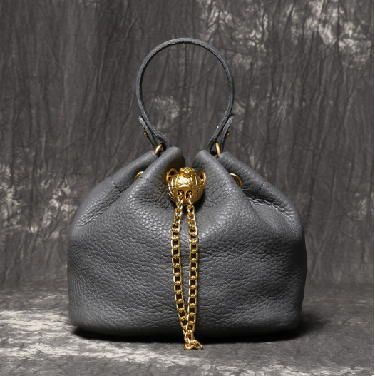 Women's Mini Top-Grain Cowhide Bucket Bag with Chain Drawstring