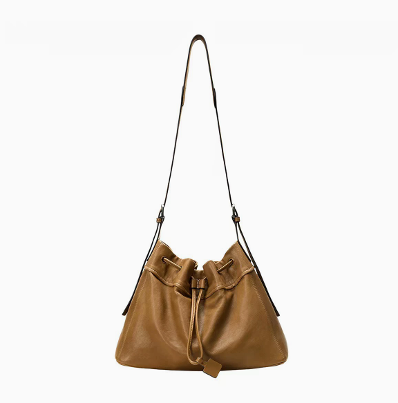 Genuine Sheepskin Drawstring Bucket Bag – Women’s Soft Leather Shoulder Bag