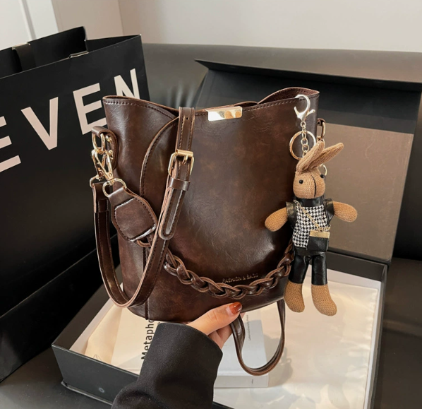 Women's Vintage-Style PU Leather Bucket Shoulder Bag