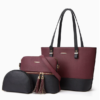 Color-Block Tote Bag for Women 3-Piece Set PU Leather Shoulder Handbag with Tassel Pendant