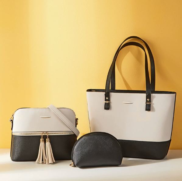 Color-Block Tote Bag for Women 3-Piece Set PU Leather Shoulder Handbag with Tassel Pendant