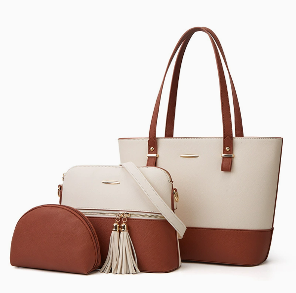 Color-Block Tote Bag for Women 3-Piece Set PU Leather Shoulder Handbag with Tassel Pendant