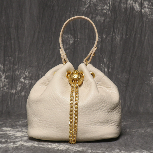 Women's Mini Top-Grain Cowhide Bucket Bag with Chain Drawstring