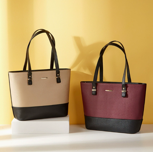 Color-Block Tote Bag for Women 3-Piece Set PU Leather Shoulder Handbag with Tassel Pendant