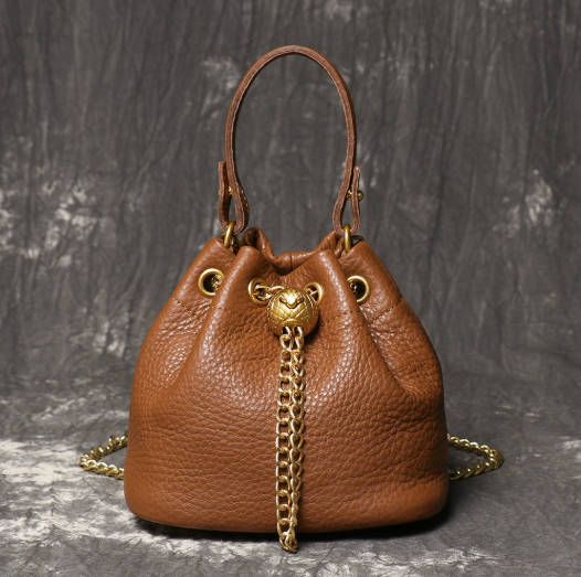 Women's Mini Top-Grain Cowhide Bucket Bag with Chain Drawstring