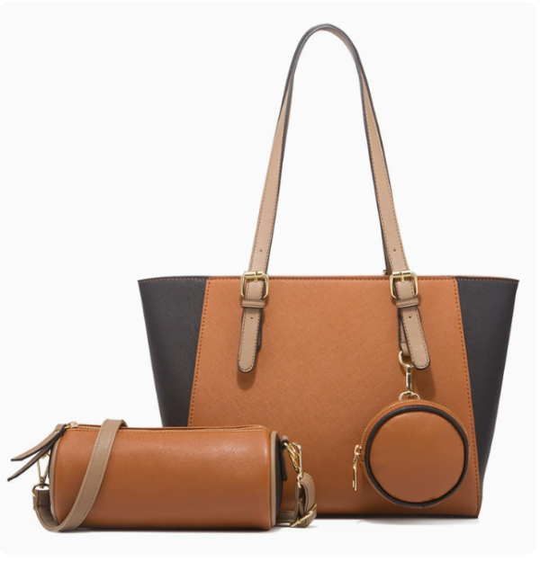 7b343c41f96765bec9d8dd2a5f4fdd3f Women's 3-Piece PU Leather Tote Bag Set with Contrast Trim