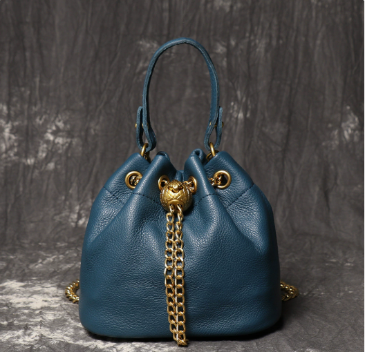 Women's Mini Top-Grain Cowhide Bucket Bag with Chain Drawstring