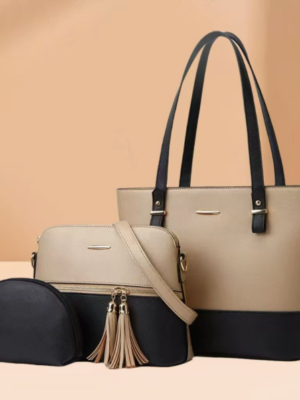 Color-Block Tote Bag for Women 3-Piece Set PU Leather Shoulder Handbag with Tassel Pendant