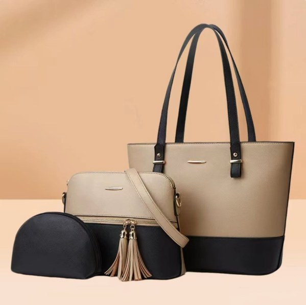 Color-Block Tote Bag for Women 3-Piece Set PU Leather Shoulder Handbag with Tassel Pendant