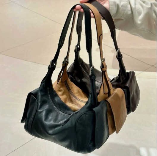 Vintage Genuine Leather Pillow Shoulder Bag – Contrast Stitch Women’s Handbag