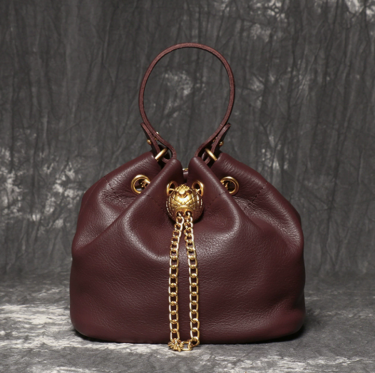 Women's Mini Top-Grain Cowhide Bucket Bag with Chain Drawstring