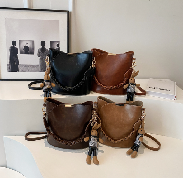 Women's Vintage-Style PU Leather Bucket Shoulder Bag
