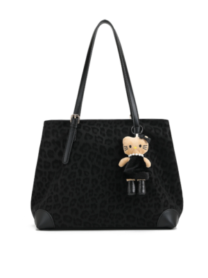 a8a2238f55a7735eb5273bb30ca1594c Women's Black Leopard-Pattern PU Tote Bag with Buckle Detail