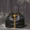 Women's Mini Top-Grain Cowhide Bucket Bag with Chain Drawstring