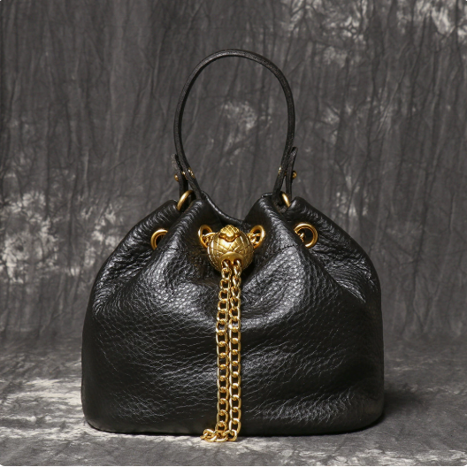 Women's Mini Top-Grain Cowhide Bucket Bag with Chain Drawstring