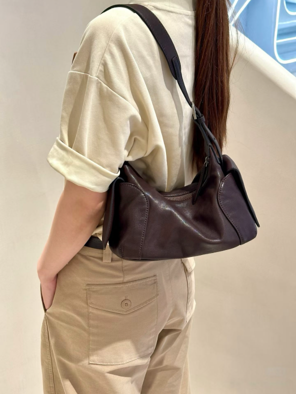 Vintage Genuine Leather Pillow Shoulder Bag – Contrast Stitch Women’s Handbag