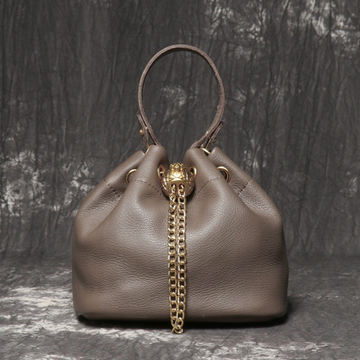 Women's Mini Top-Grain Cowhide Bucket Bag with Chain Drawstring