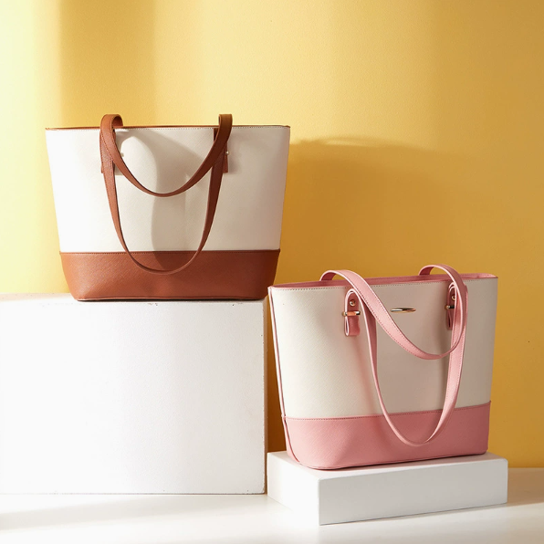 Color-Block Tote Bag for Women 3-Piece Set PU Leather Shoulder Handbag with Tassel Pendant